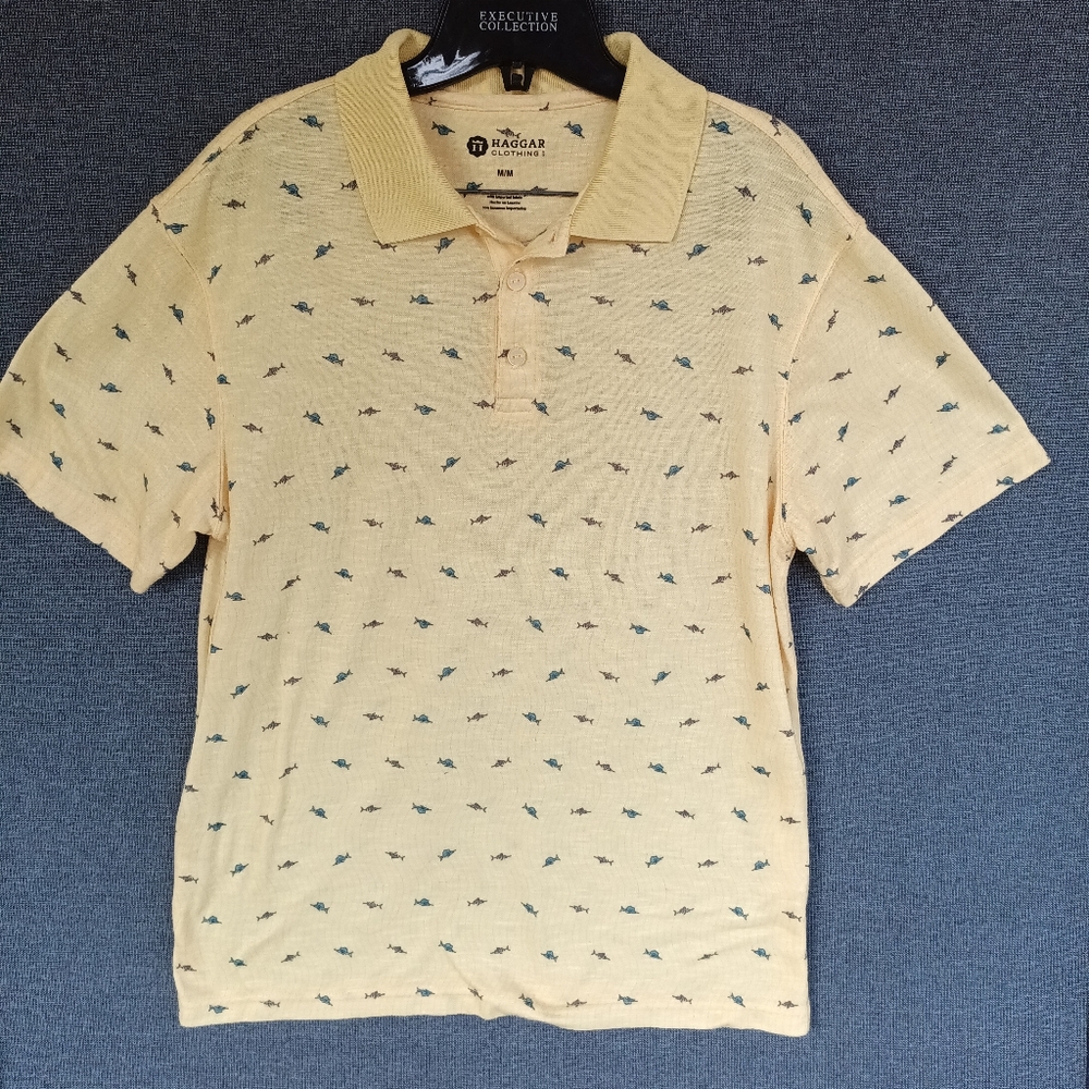 HAGGAR Men's Polo Golf Shirt Sz M Short Sleeves Ultra Soft Yellow Sword Fish  C1